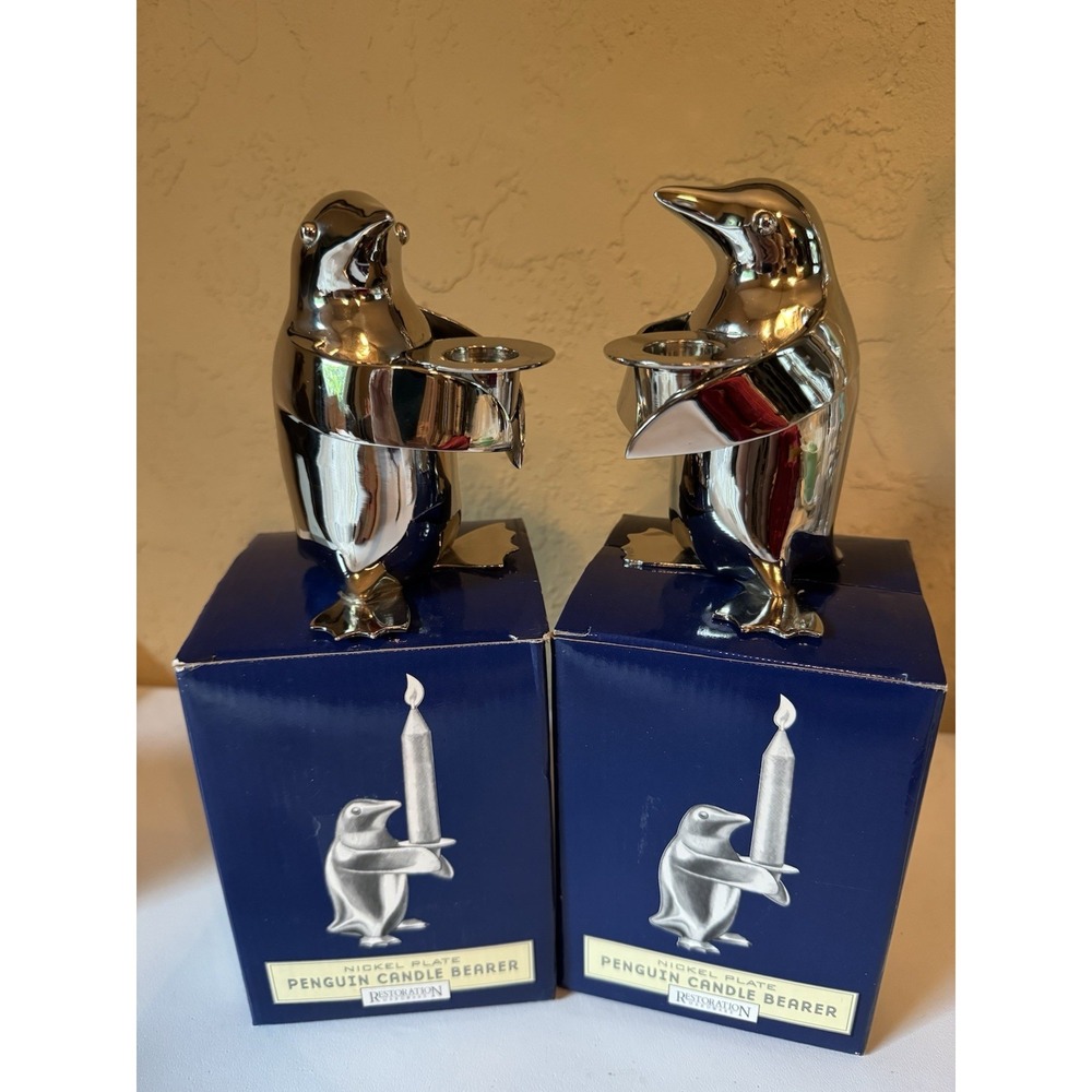 Restoration Hardware Nickel Plate Penguin Candle Holder Pair Vintage Figural
